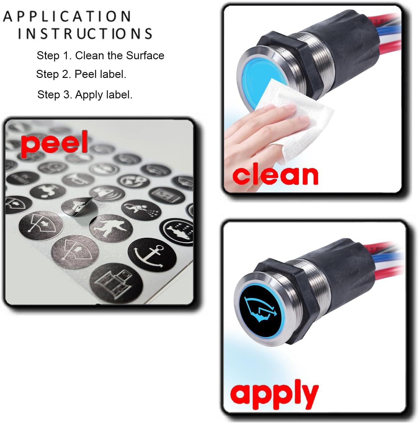 100 Pcs 17mm Round Latching Push Button Switch Labels Outdoor Laminated Replacement for Blue Sea Toggle Rocker Switch 4230 Sticker Car Truck Yatch RV Caravans Backlit Self Adhesive Vinyl