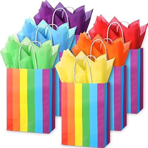 TaoBary 36 bolsas de regalo para fiesta de arcoíris, bolsas de regalo de colores a rayas de papel kraft con asas y papel de seda colorido para