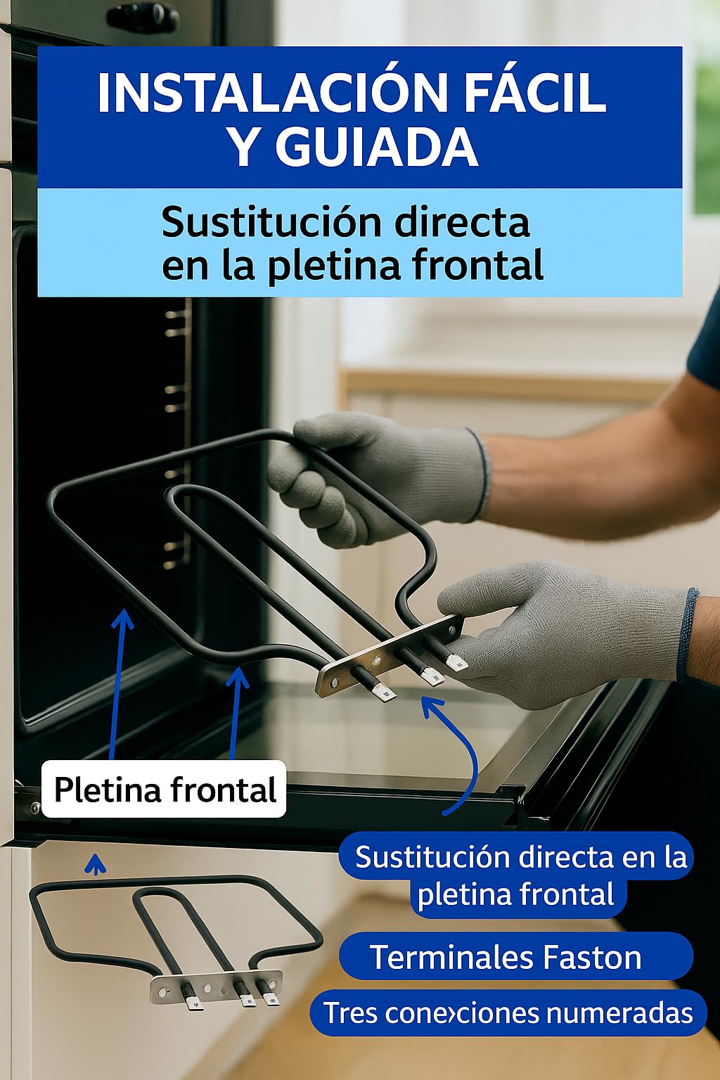 RECAMBIOS DREYMA Resistencia Solera Horno 83040745 Compatible con Teka Balay Fagor 1198W 220V Repuesto Base Calor Inferior Montaje Rapido Placa Fijacion Conectores Faston y Reparar Cocina