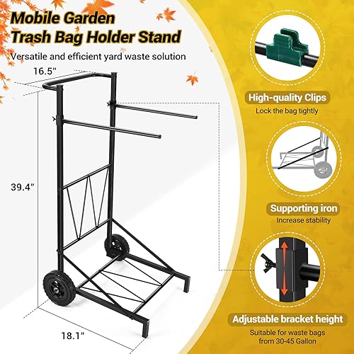 Miniatura 4 de CAROD Soporte para bolsas de basura, soporte ajustable de metal para bolsas de hojas de 30 a 45 galones de capacidad, carrito de bolsas de basura