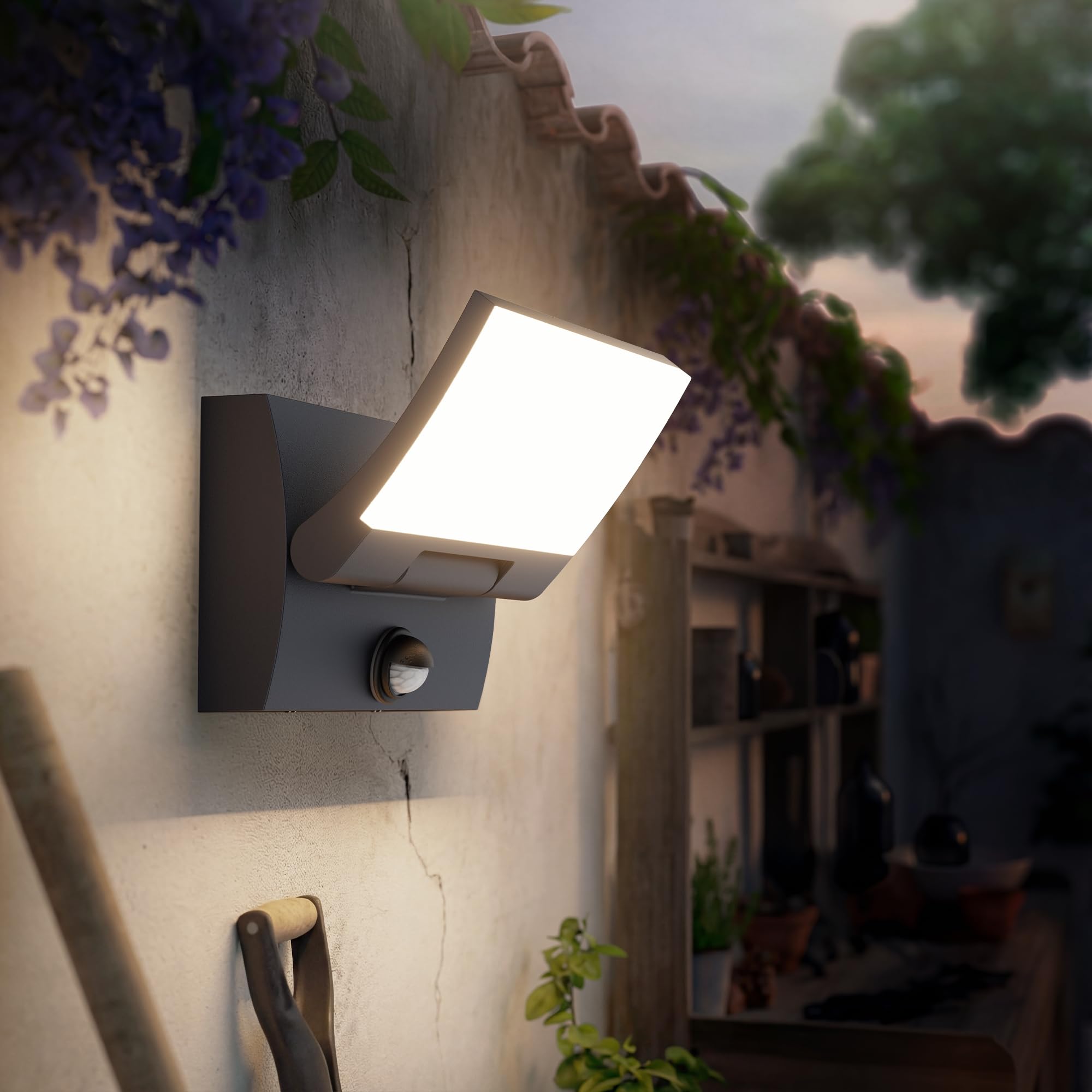 K-Bright 30W Applique da esterno con sensore di movimento,Antracite,4000K | Panel orientabile a 150°, impermeabile IP65, alluminio+PC,2000LM per Esterno/Interno (ingresso, terrazza, giardino)