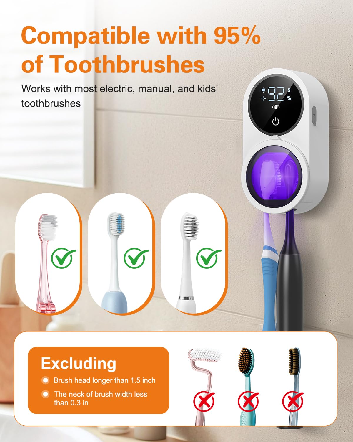 Soporte para cepillo de dientes UV, limpiador de cepillos de dientes eléctrico con pantalla LED, sensor automático infrarrojo, ventilación y secado automáticos, soportes para cepillos de