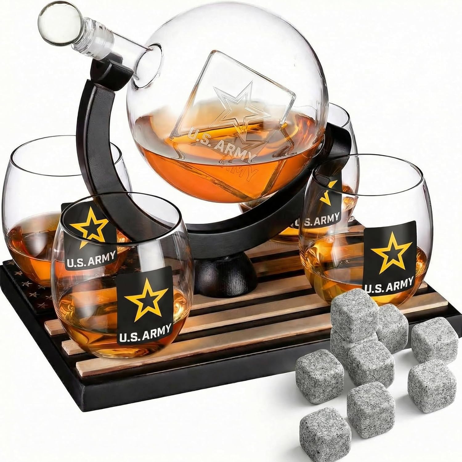 U.S. Army Globe Whiskey Decanter Set with 4 Liquor Glasses - Wood Flag Base & 9 Whiskey Stones, Armed Forces Veteran Gift Set - Gifts For Men, Father's Day, Dad, U.S.A Flag - Bourbon & Scotch Military