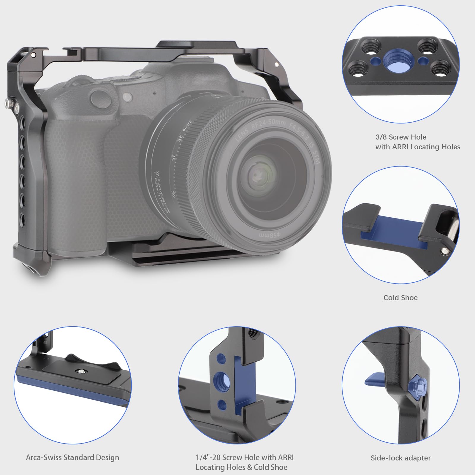 LEFTFOTO Gabbia per fotocamera Canon EOS R8 con base Arca, scarpa fredda, slot per cinghia, fori per viti da 1/4 e 3/8", compatibilità stabilizzatore DJI RS - per riprese video Vlog