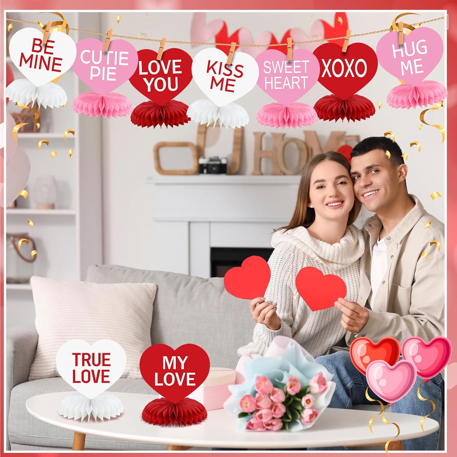 Valentine's Day Honeycomb Centerpieces Valentines Decorations 3D Paper Valentine Heart Honeycomb Valentine Conversation Hearts Decorations for Valentine's Day Party Table Decor