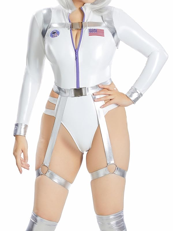 Mobbunny Women Sexy Astronaut Costume Long Sleeves Bodysuit with Belt and Stockings Space Halloween Outfit (M) by Mobbunny - Used condition - US$37.59