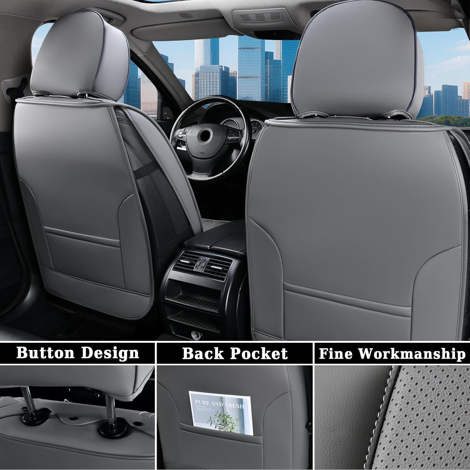 Coverado Car Seat Covers Full Set, 5 Seats Leather Seat Covers for Cars, Waterproof Seat Covers Front and Back, Car Seat Protectors Car Seat Cushions Universal Fit for Most Cars, Gray