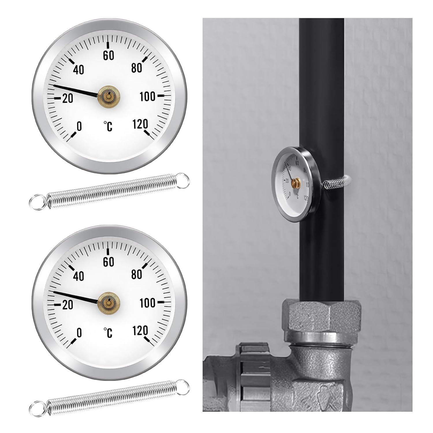 2 Stück Anlegethermometer Heizungsrohr 0-120C 63MM, Heizkörper-Thermostat zur Temperaturregelung an Radiatorrohren mit bimetallischem Federstahlkontakt und Edelstahloberfläche