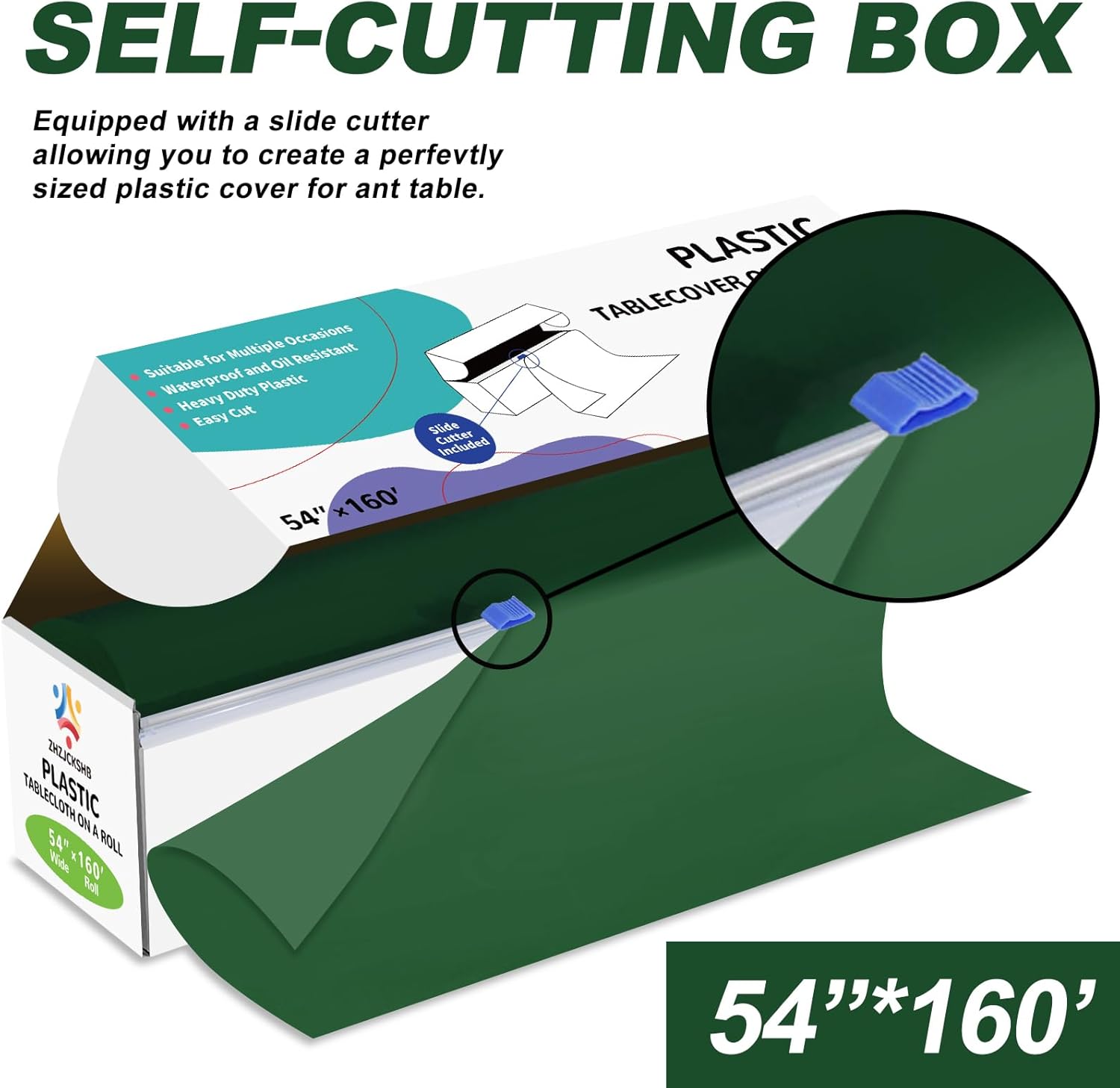 54IN X 160FT Plastic Table Cover Roll with Cutter Box, Cut to Size Plastic Table Cloths for Parties, Birthday, Disposable Tablecloth Roll for All Shape Tables (Green, 54 Inch X 160 Feet)