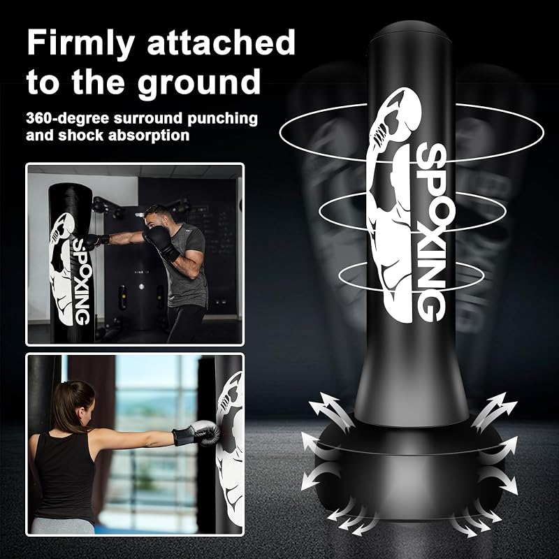 JUOIFIP Szabadon Álló Boxzsák Felnőtteknek 175 cm - Edzőállvánnyal, MMA, Muay Thai, Kung Fu Edzéshez, Fekete Vinyl Borítással
