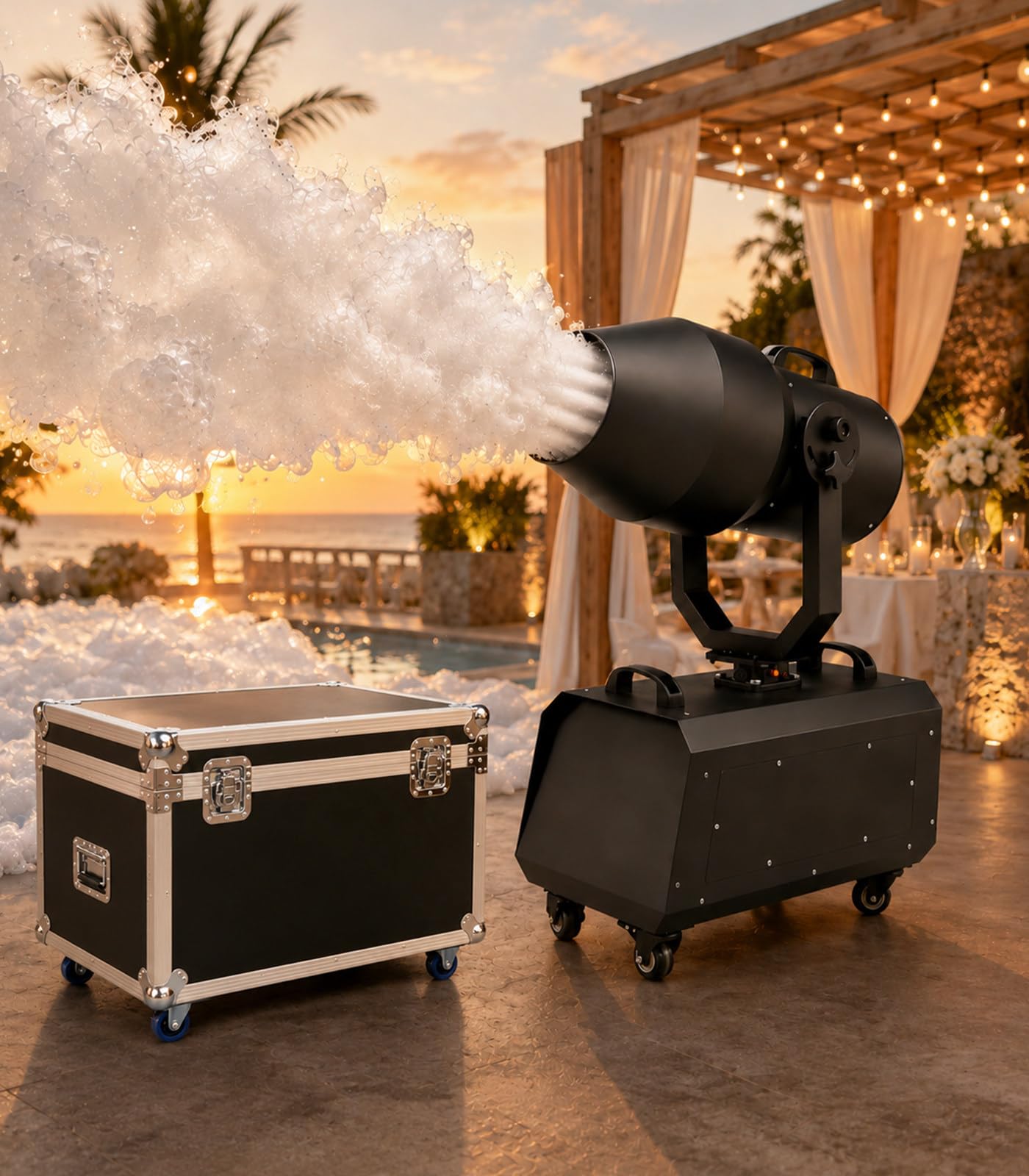 Macchina per Schiuma da 2000 W per Feste ed Effetti scenici all'aperto; generatore di Schiuma oscillante con Una gittata Fino a 8 m e Una Copertura di 80 m². Flightcasepackaging