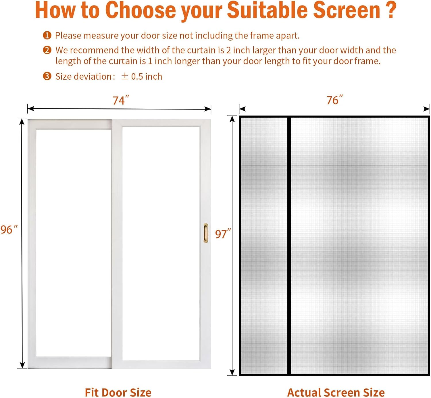 magnetic screen door fits door size 74" x 96", screen size 76" x 97", reversible left right quarter opening,top middle anti-tearing mesh net curtain with magnet,black 74" x 96" black