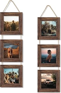 4x4 Collage Picture Frames Set of 2, Rustic Wooden Real Glass Vertical Hanging 3 Opening 4 by 4 Photo Frame, Distressed Brown