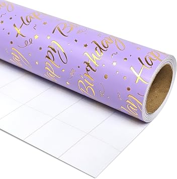 LDGOOAEL Mini Short Small Birthday Wrapping Paper Roll 17 Inches X 32.8 Feet - Purple with Gold Foil for Holiday, Mothers Day, Birthday, Wedding, Baby Shower