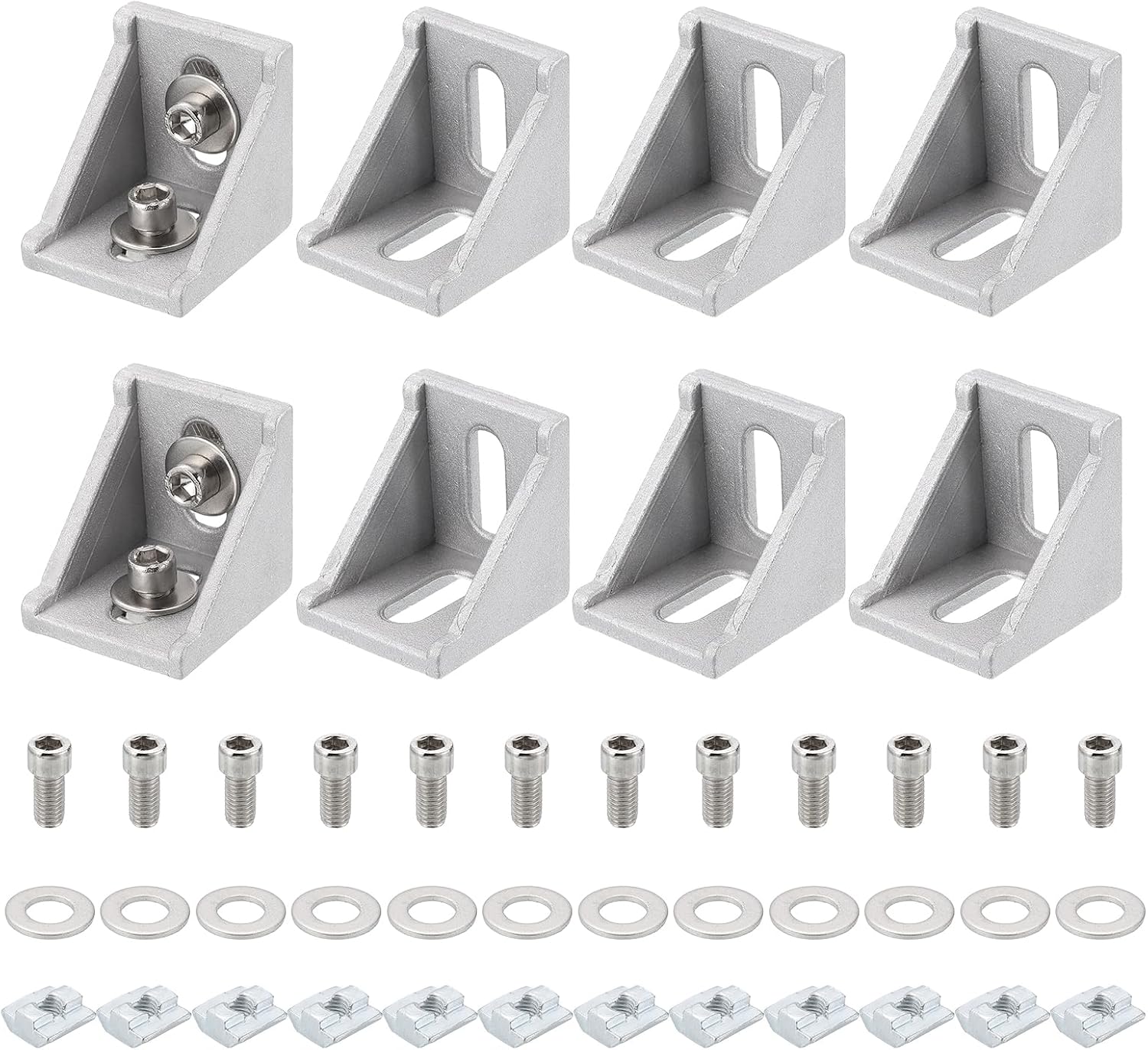 MECCANIXITY 8 Pcs 4040A Series Aluminum Extrusion Profile Connector, Corner Brackets Extruded Hardware with 16pcs M8 Slider nut and M8x16 Hexagon Socket Screw and M8x16 Flat Gasket