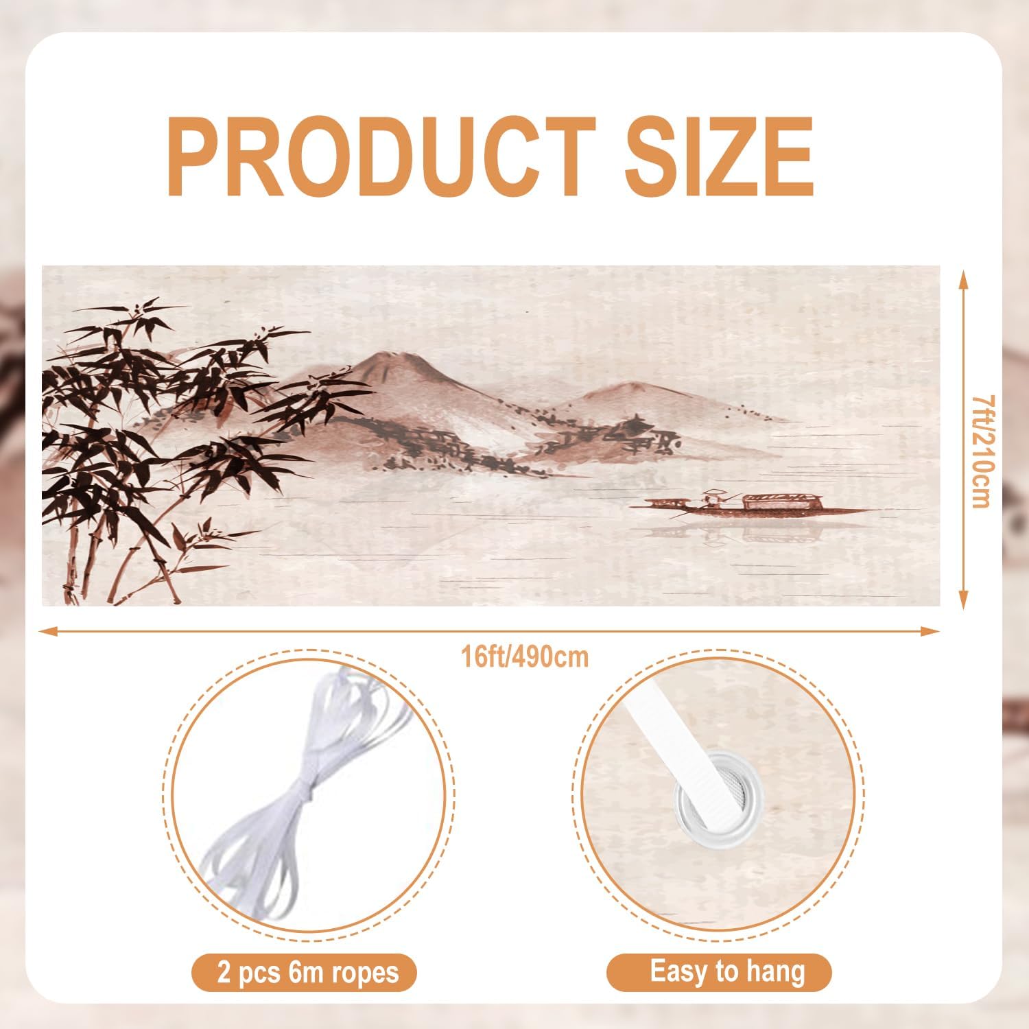 7x16ft Ink Wash Painting Garage Door Decor Elegant Mountains Lake Fishing Boat Green Bamboo Plants Retro Brown Garage Door Cover for Outdoor Nature Theme Garage Door Decor