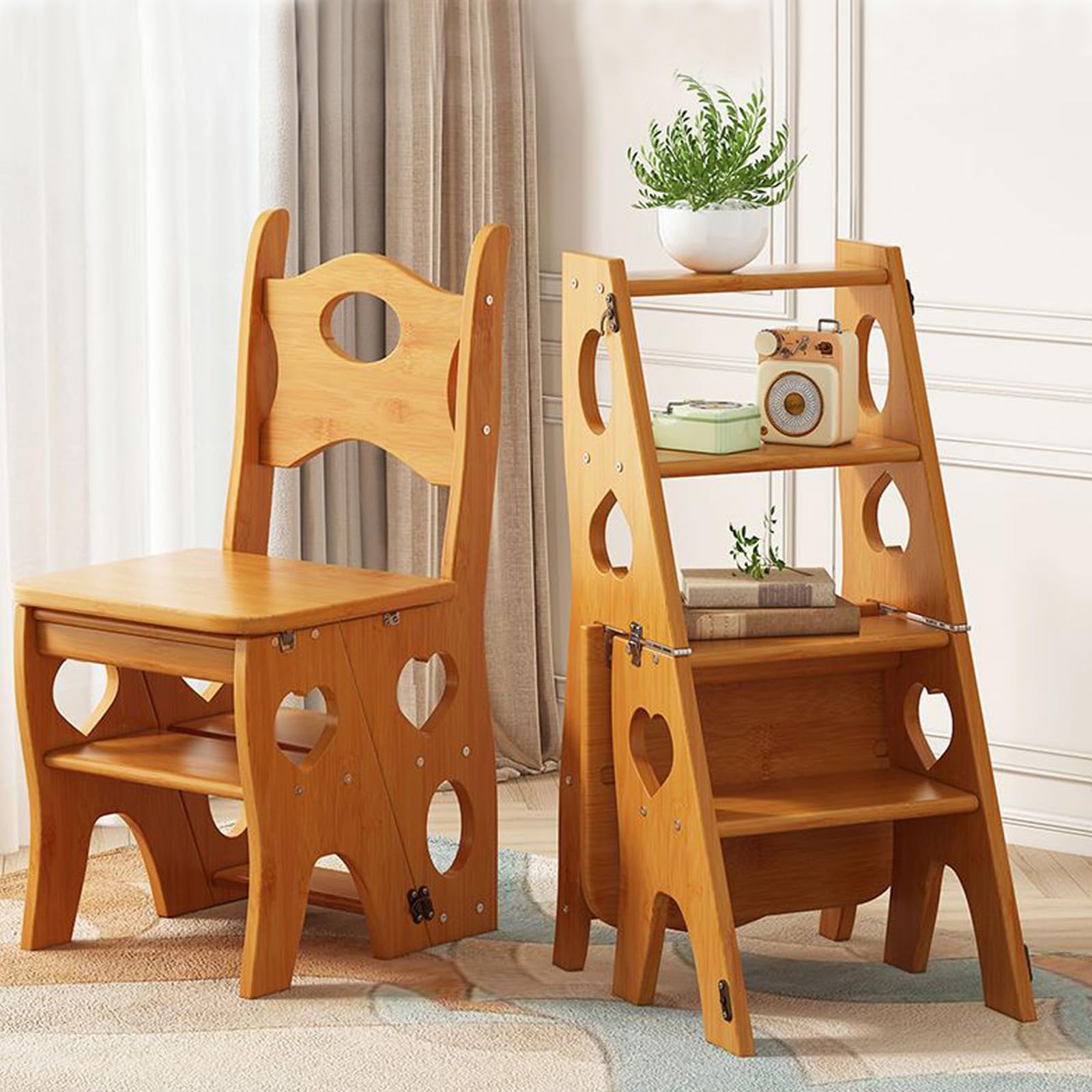 4 Tier Folding Wooden Step Stool Ladder Chair - 3-in-1 Multifunctional Walnut-Colored Design with Backrest, Wide Steps, 150kg Load Capacity, Portable for Kitchen/Bookshelf/Plant Stand (Teak)