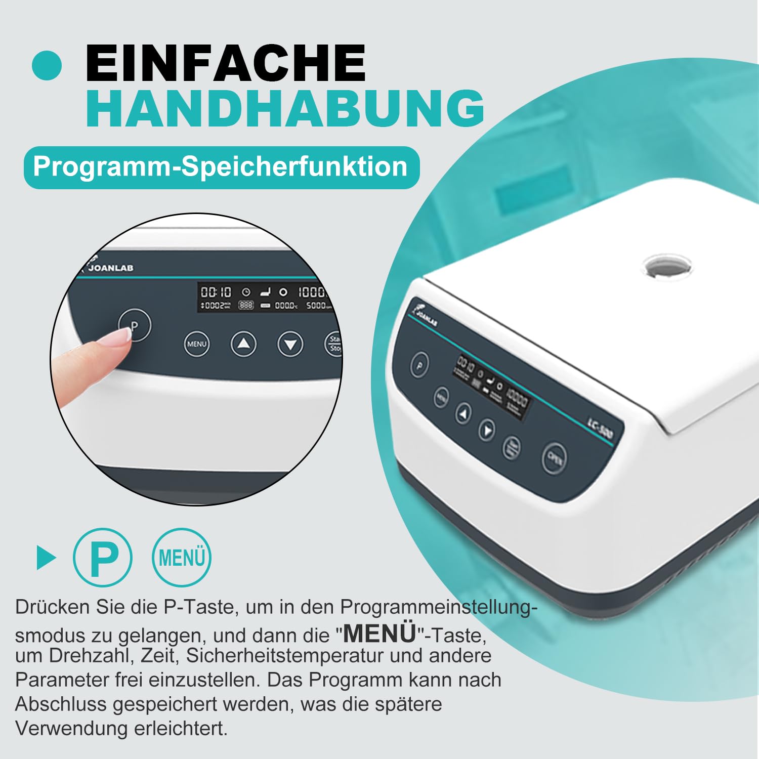 JOANLAB Laborzentrifuge, 500-4000 U/min, Max. 2146 xg, 9 Programmspeicher, Timer, für 2/5/10/15/50ml Röhrchen (6-fach Winkelrotor)