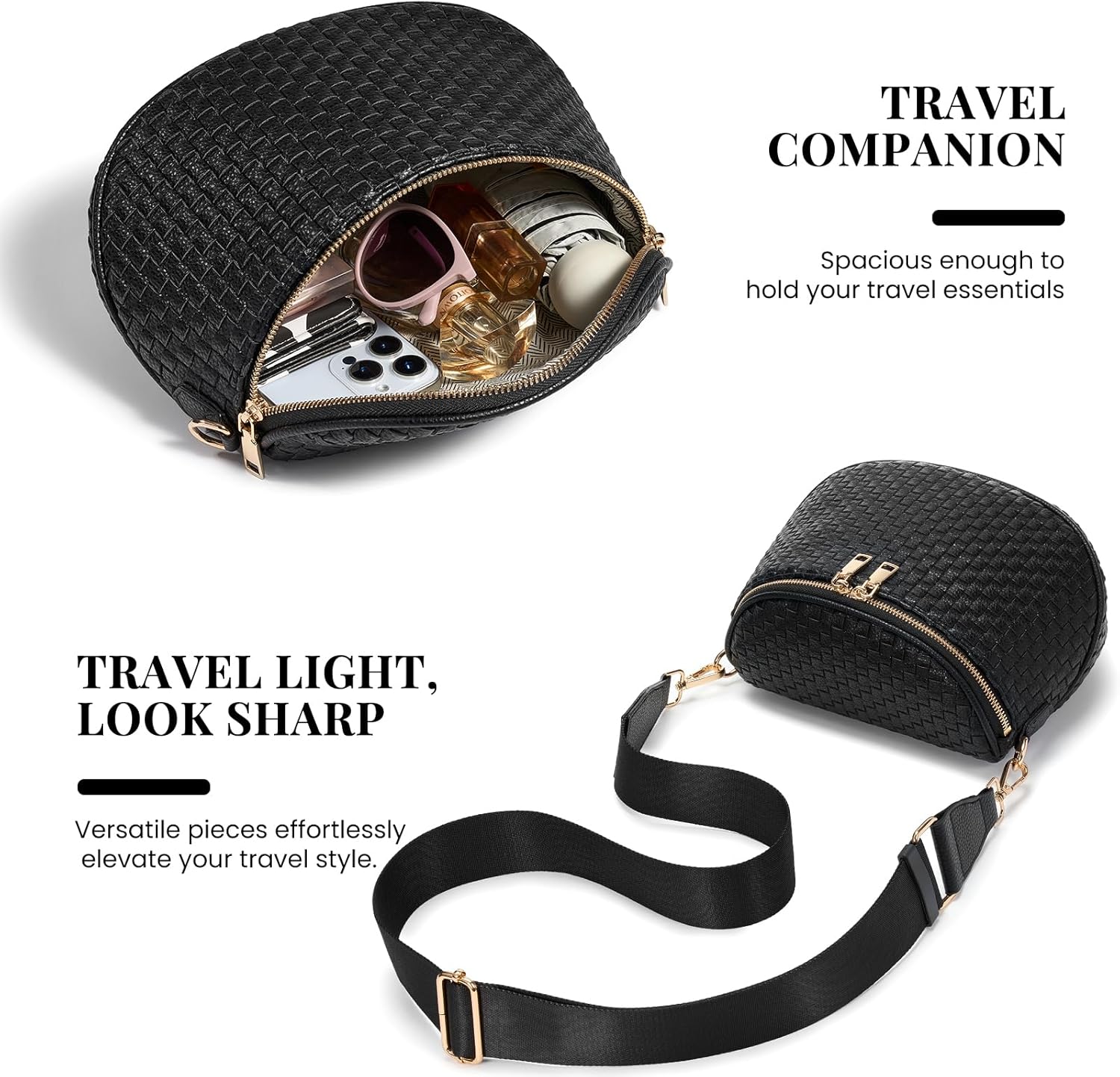 Woven Vegan leather Crossbody Bags For Women, Checkered Fashion PU Bum Bag Waist Pack, Travel Sling Purse with Adjustable Strap（Dark Black)