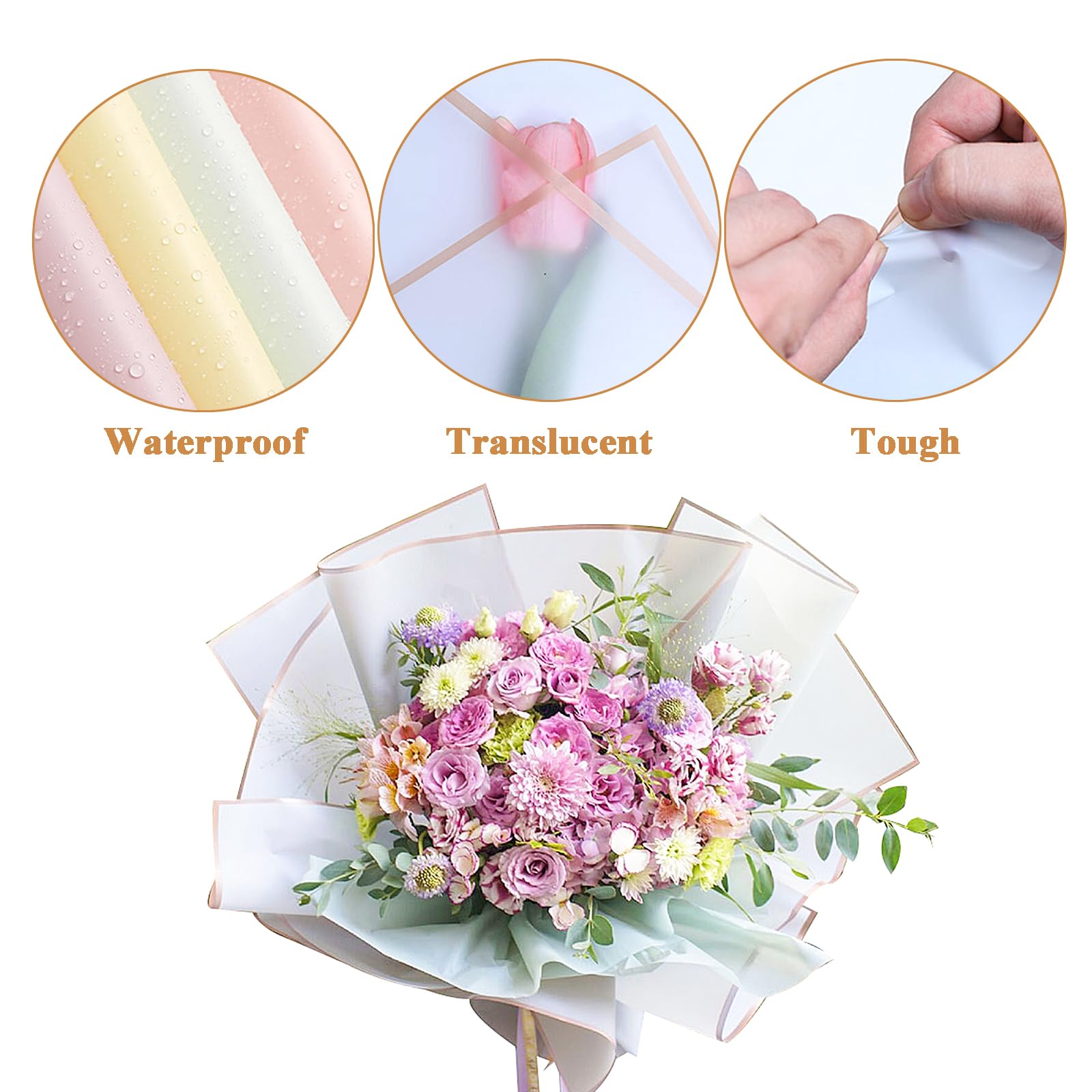 Papel De Regalo Plástico Para Ramos De Flores - 58x58 Cm, Impermeable, Con Borde Dorado (Diseño Floral)
