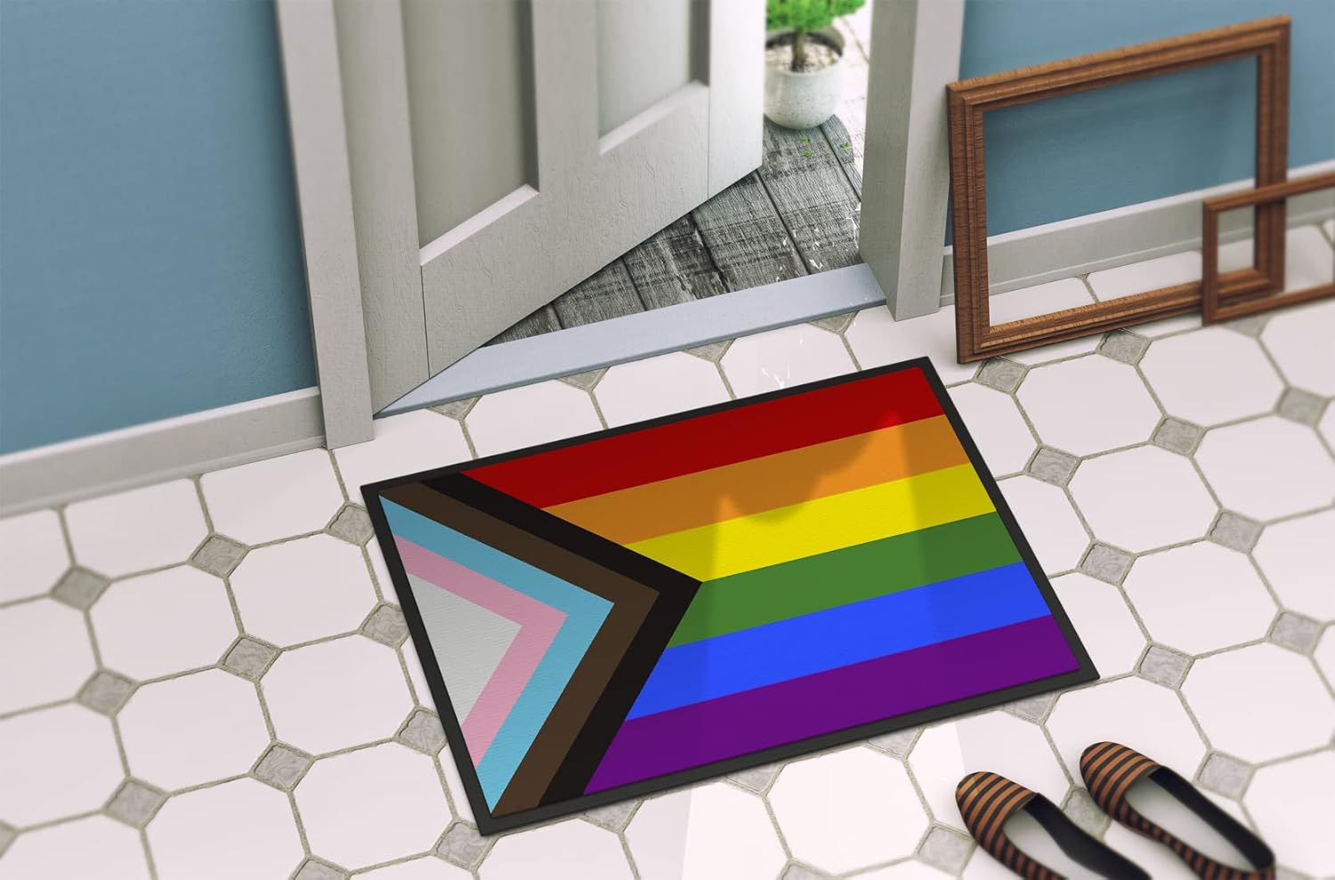 Caroline's Treasures CK8014MAT Gay Pride Progress Pride Doormat 18x27 Front Door Mat Indoor Outdoor Rugs for Entryway, Non Slip Washable Low Pile, 18H X 27W
