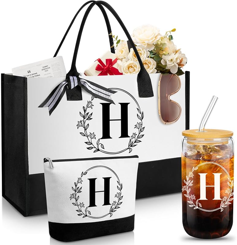 Aliceset Conjunto com 3 peças com inicial H: bolsa tote, necessaire de maquiagem e copo de vidro