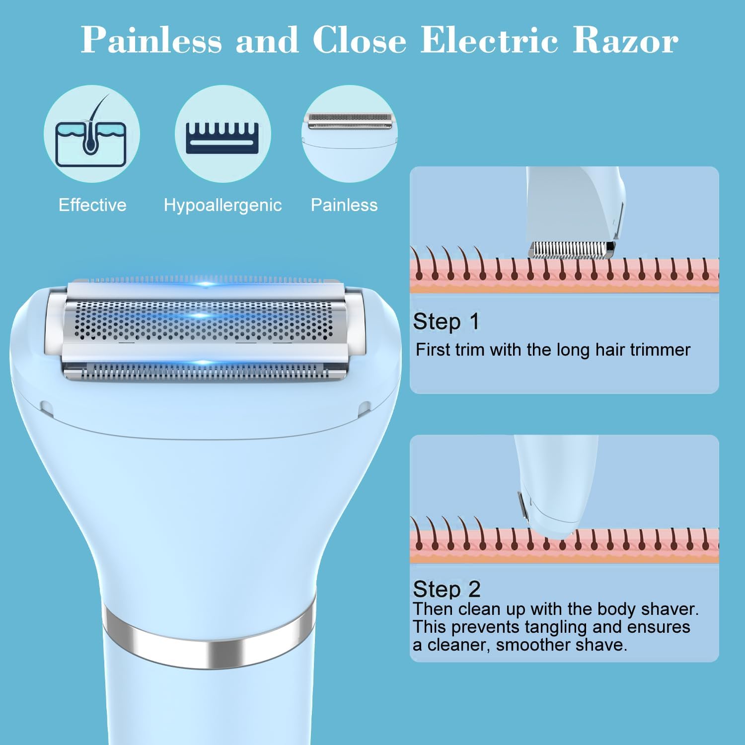 3-in-1 Electric Razor IPX7 Waterproof Bikini Trimmer Wet & Dry Use Painless Personal Trimmer Groomer for Ladies Face Body Legs Bikini Public Hairs Electric Lady Shaver with Replaceable Heads image 4