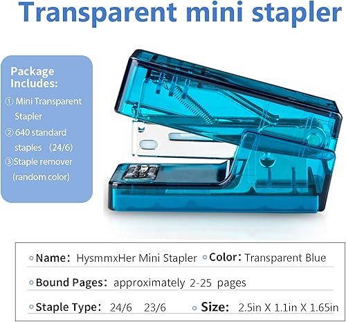 Miniatura 7 de Mini grapadora con grapas pequeña grapadora transparente capacidad de 25 hojas incluye 640 grapas y removedor de grapas fácil de transportar y