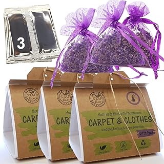 STAFECO® Moth traps and repellent for wardrobes PHEROMONE CLOTH MOTH TRAP Prevention Carpet and Clothes (3 Traps 3 Lavender Bags)