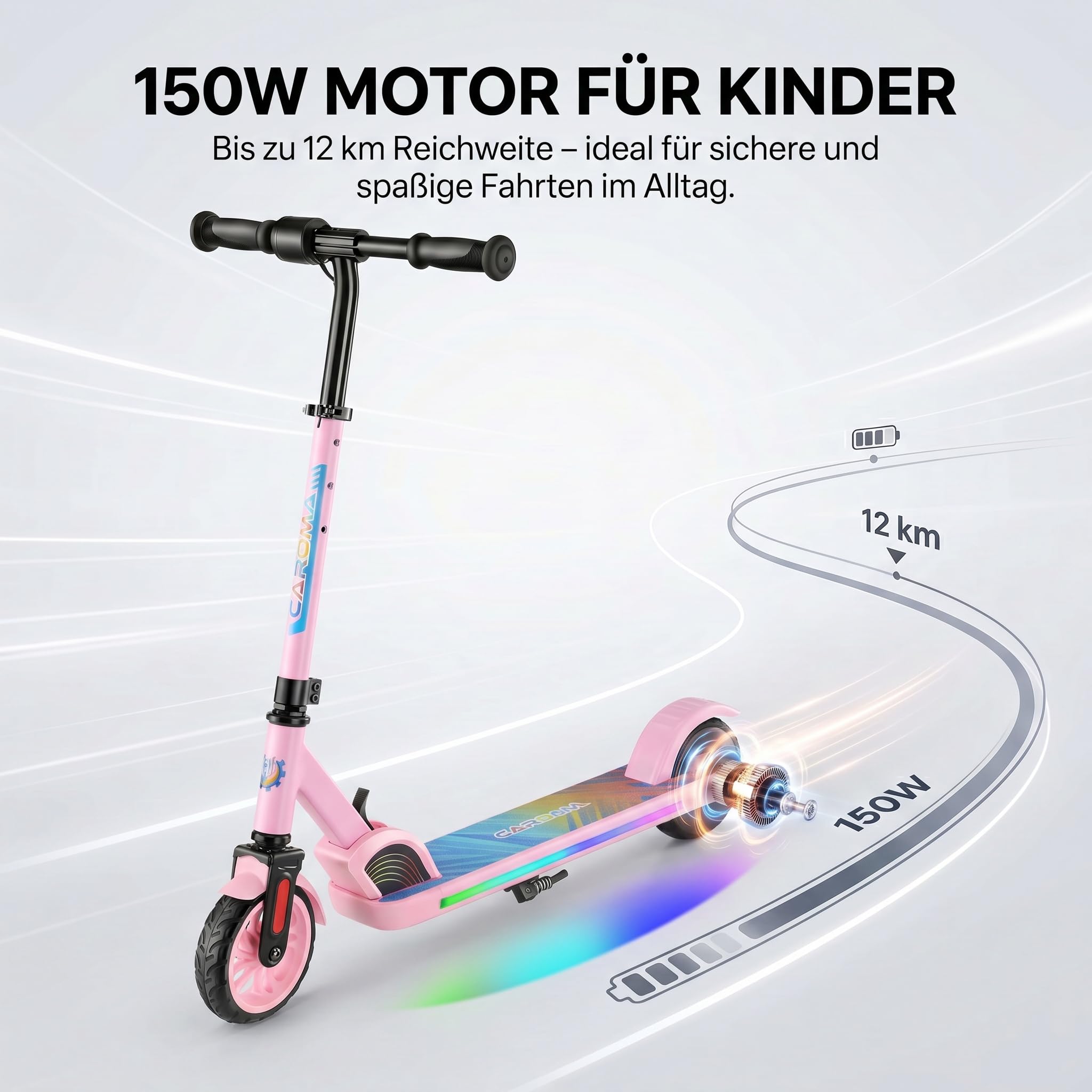 Caroma Patinete eléctrico para niños de 6 a 12 años, Motor de 150 W hasta 16 km/h, Alcance de 12 km, Patinete eléctrico Plegable con Luces Coloridas y Pantalla LED, Velocidad y Altura Ajustables