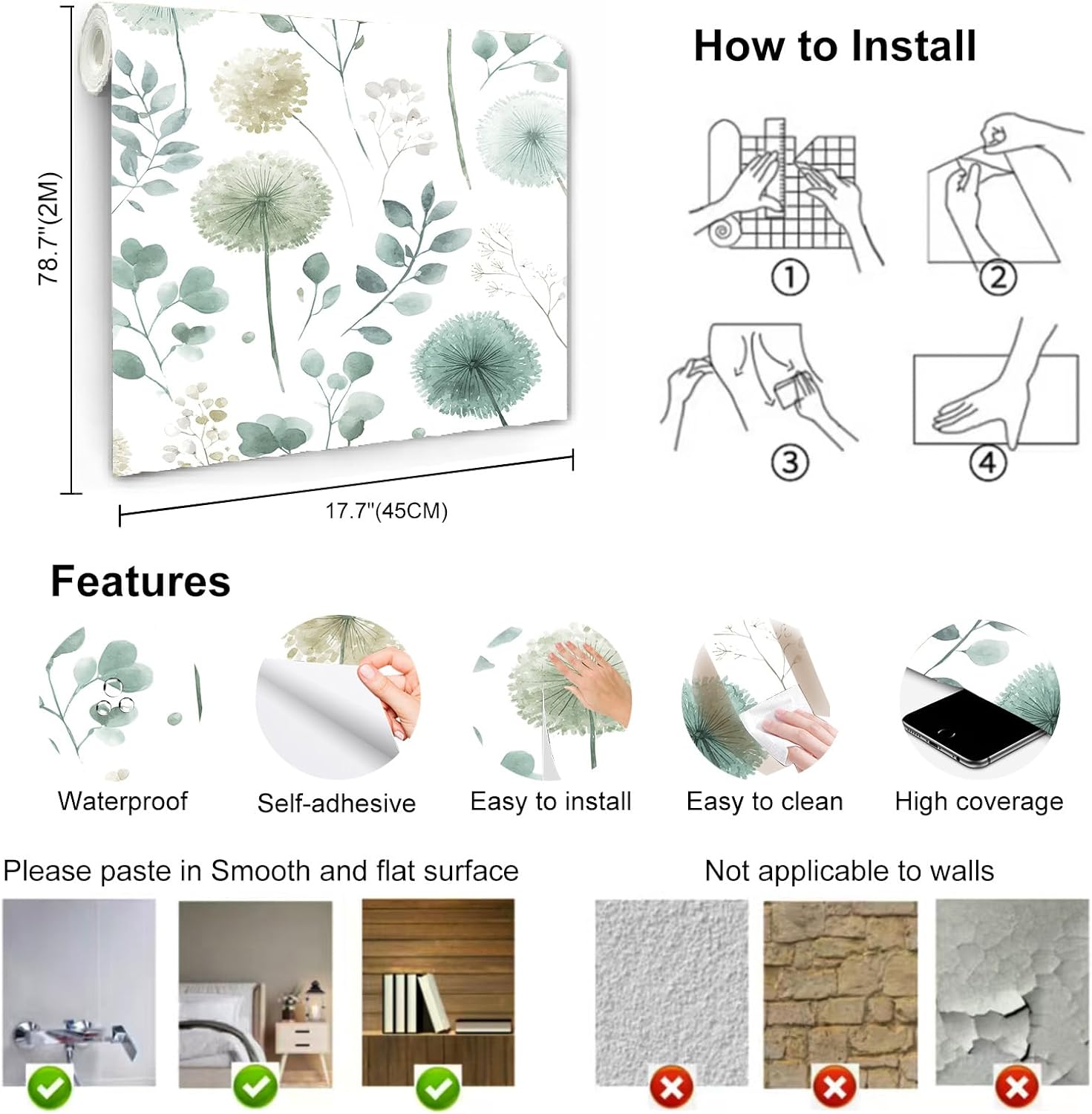 Sage Green Leaf Dandelion Peel and Stick Wallpaper Modern Botanical Eucalyptus Contact Paper Removable Waterproof Self Adhesive Wallpaper for Bedroom Bathroom Farmhouse 17.7"x78.7"