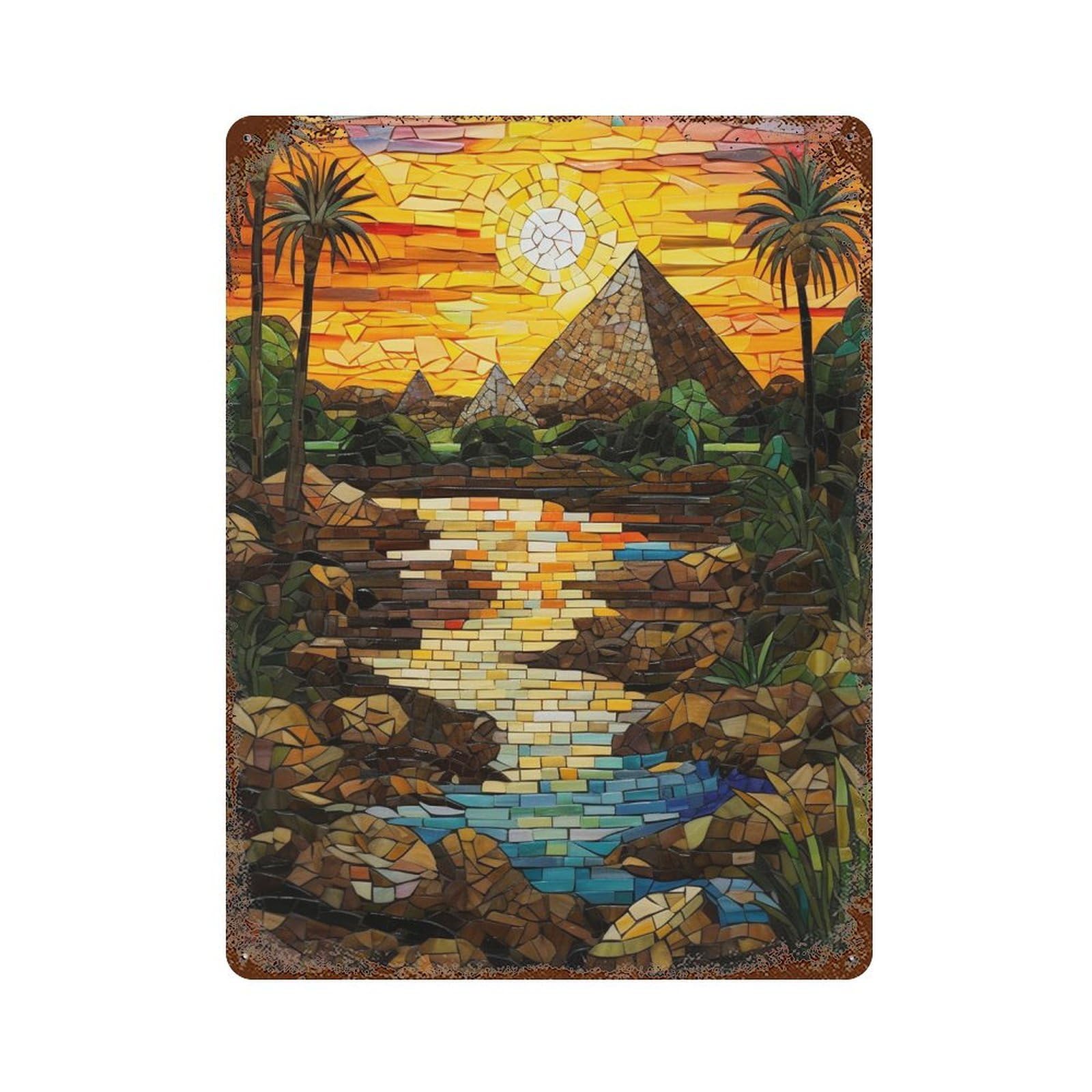 Egyptian Sunset Mosaic Art Rust Effect Tin Sign 15.7"x11.8", Industrial Home Decor for Basement, Hobby Room And Garage Decor