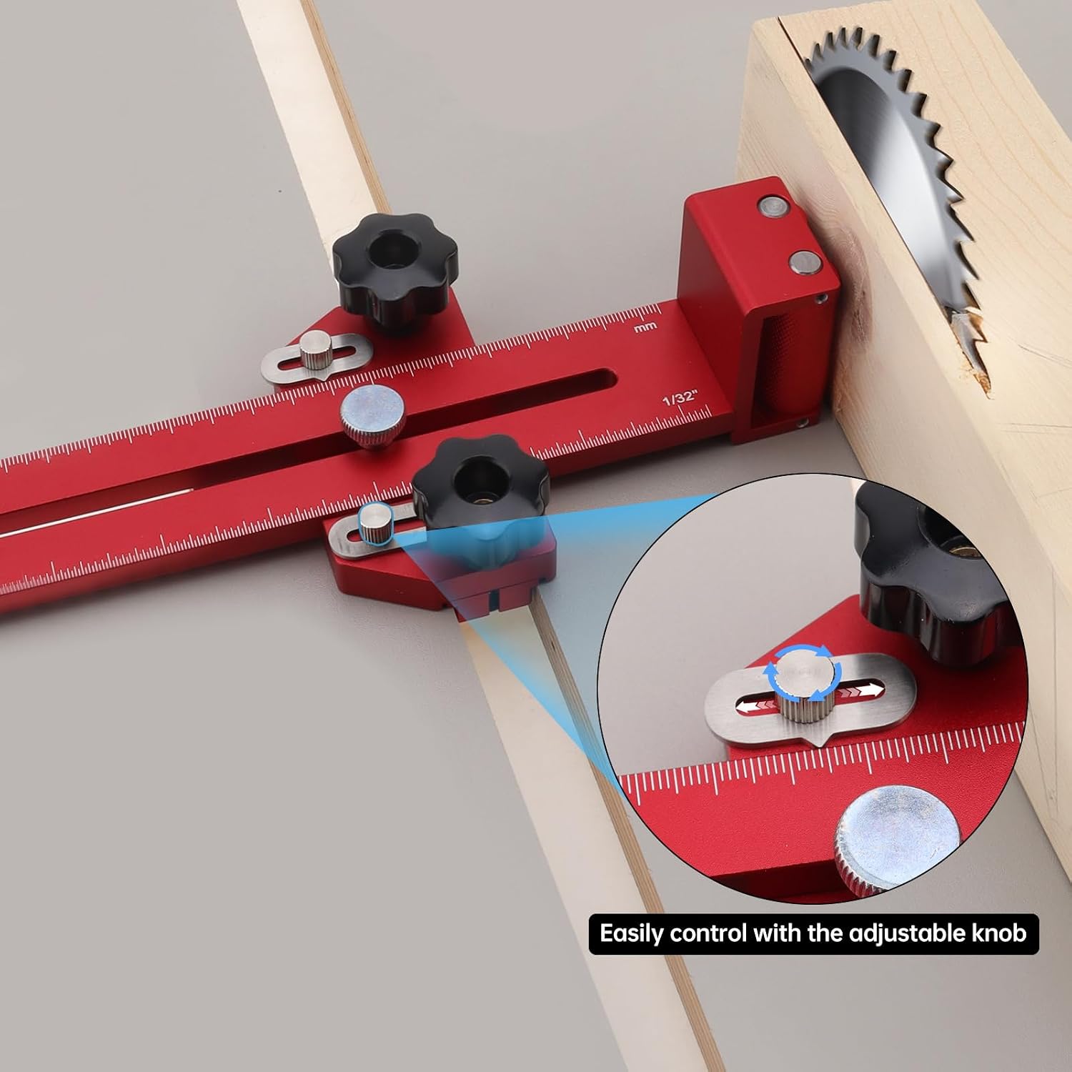 Thin Rip Jig with One-Way Roller Bearing, Woodworking Tool for Repetitive Narrow Strip Cuts, Fits 3/4 in x 3/8 in T-Slot, Compatible with Table Saw, Band Saw & Router, Laser-Etched Scale Guide