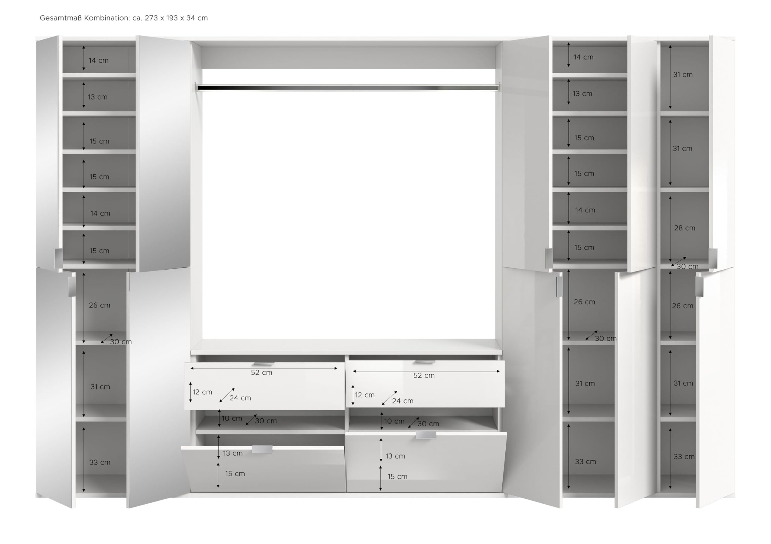 xonox.home X07A9S17 Projekt X meble systemowe garderoba garderoba biuro kombinacja 4-częściowa z przodu biały wysoki połysk/korpus biały Nb.