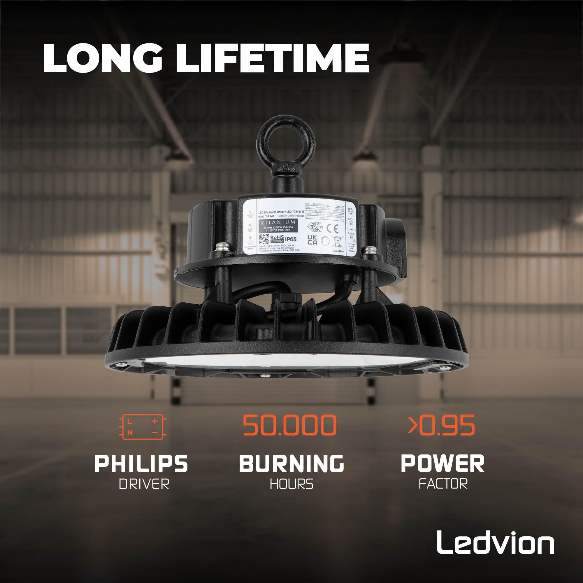 Ledvion - Sterownik LED High Bay 100 W, możliwość ściemniania, 175 lm/W, 17.500 lm, 3000K, IP65, 5 lat , lampa UFO