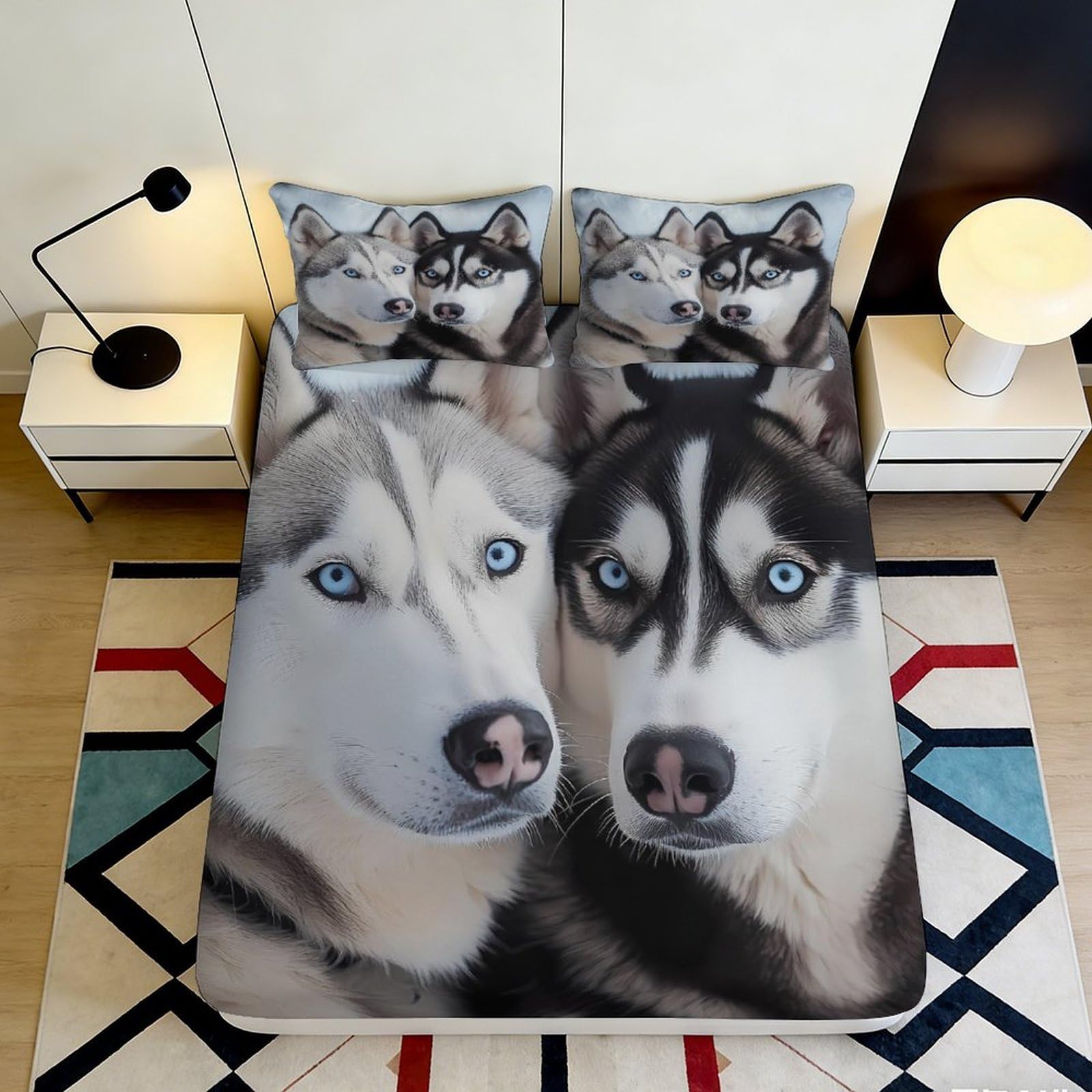3D Printed Husky Dog Fitted Sheet Microfiber Soft Breathable Blue Eyes Mattress Cover for Bedroom Dorm Protection Decor 90x200x25cm