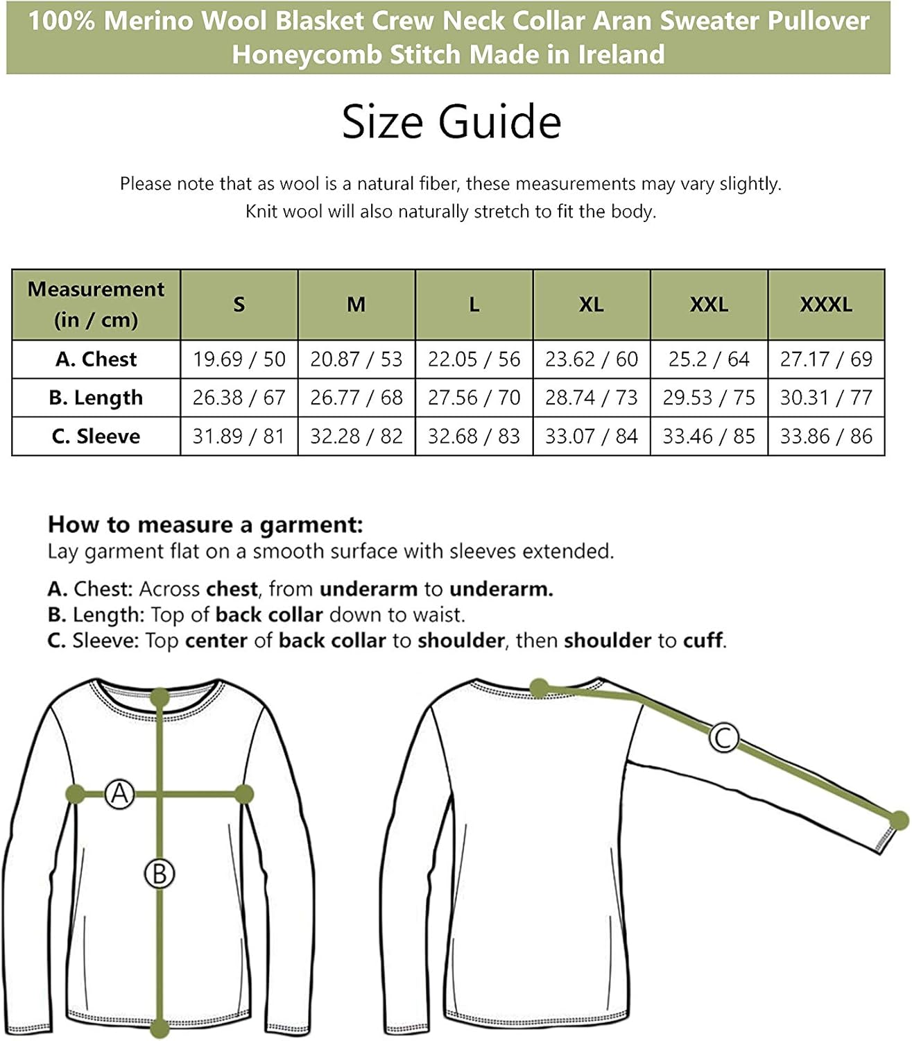 100% Merino Wool Blasket Crew Neck Collar Aran Sweater Pullover Honeycomb Stitch Made in Ireland