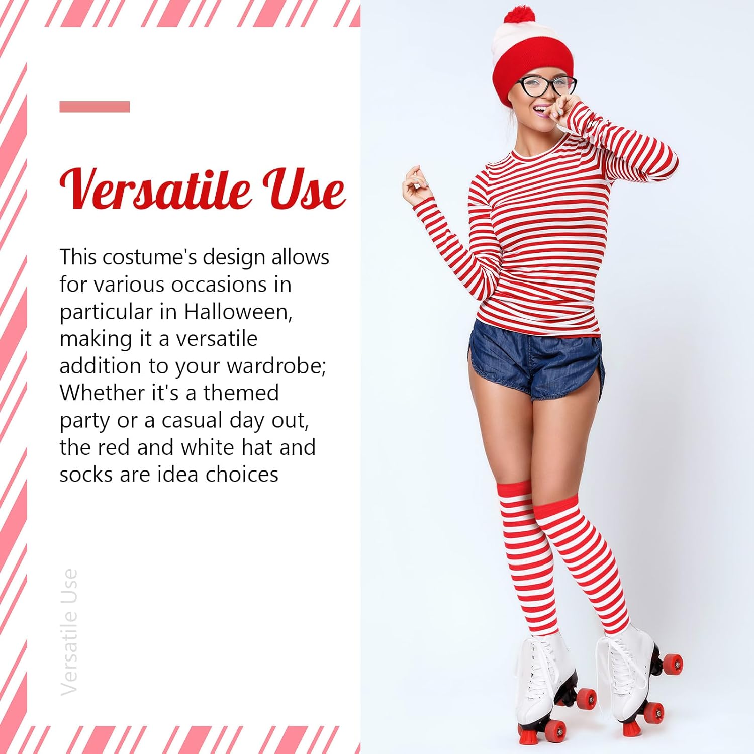 Sintege 3 Pcs Halloween Red and White Striped Costume Set Include Striped Hat Thigh High Socks and Glasses for Halloween Christmas Party Cosplay Costume Props for Men Women - Image 5