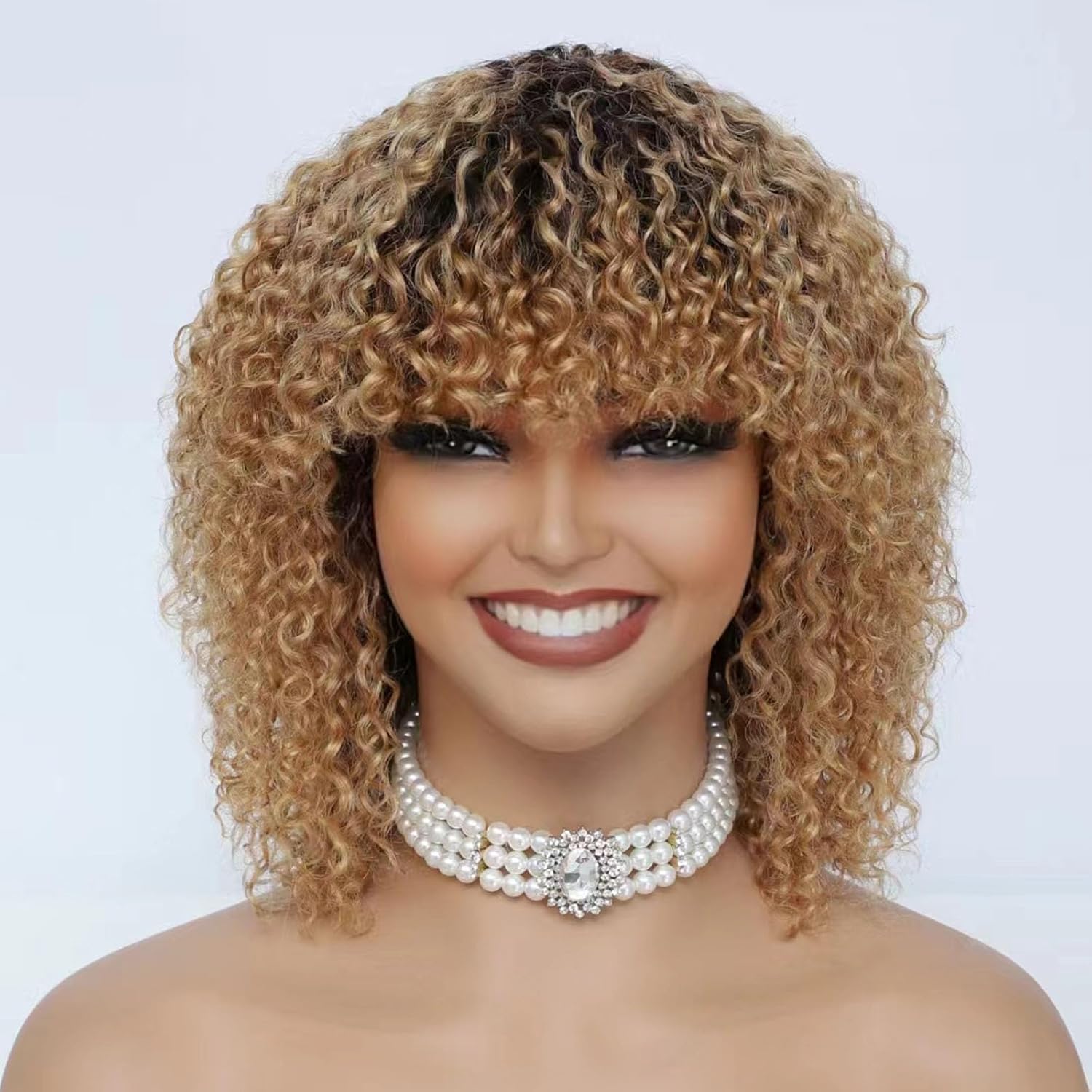 short curly wig with bangs 100 percent human hair no lace front wigs for black women ombre brown and blonde highlight T4 27 12 inch