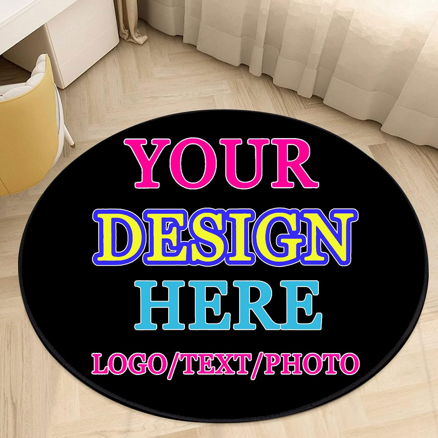 Personalized Round Area Rug with Photo, Text, Logo, Name, Custom Anti Slip Polyester Floor Mats Customized Circle Carpet for Bedroom Bathroom Living Room Entryway Patio Office Decor, 36 in, Black