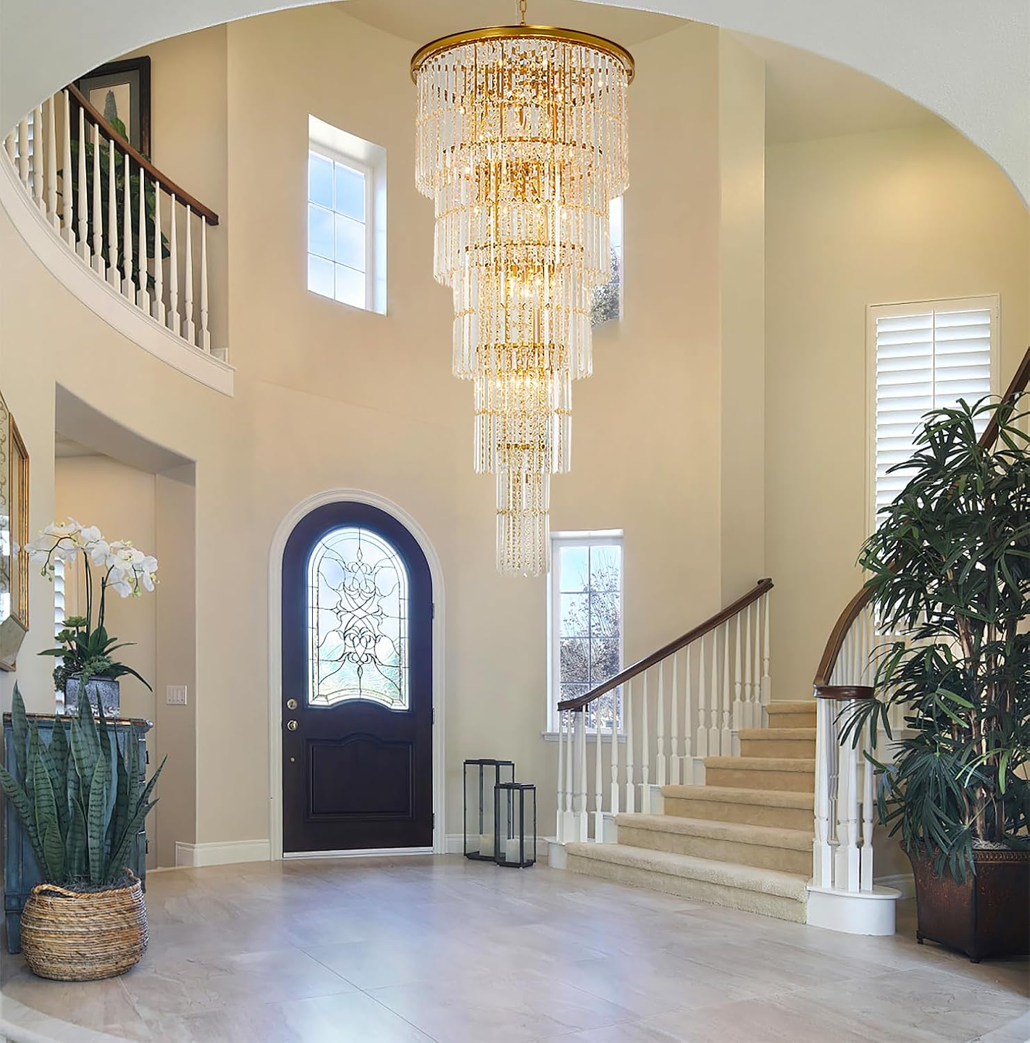 Grand Luxury Crystal Chandelier for High Ceiling Foyer, 37-Light Copper Round Statement Chandelier, 62" Tall Designer Lighting for Entryway, Villa & High-End Living Spaces