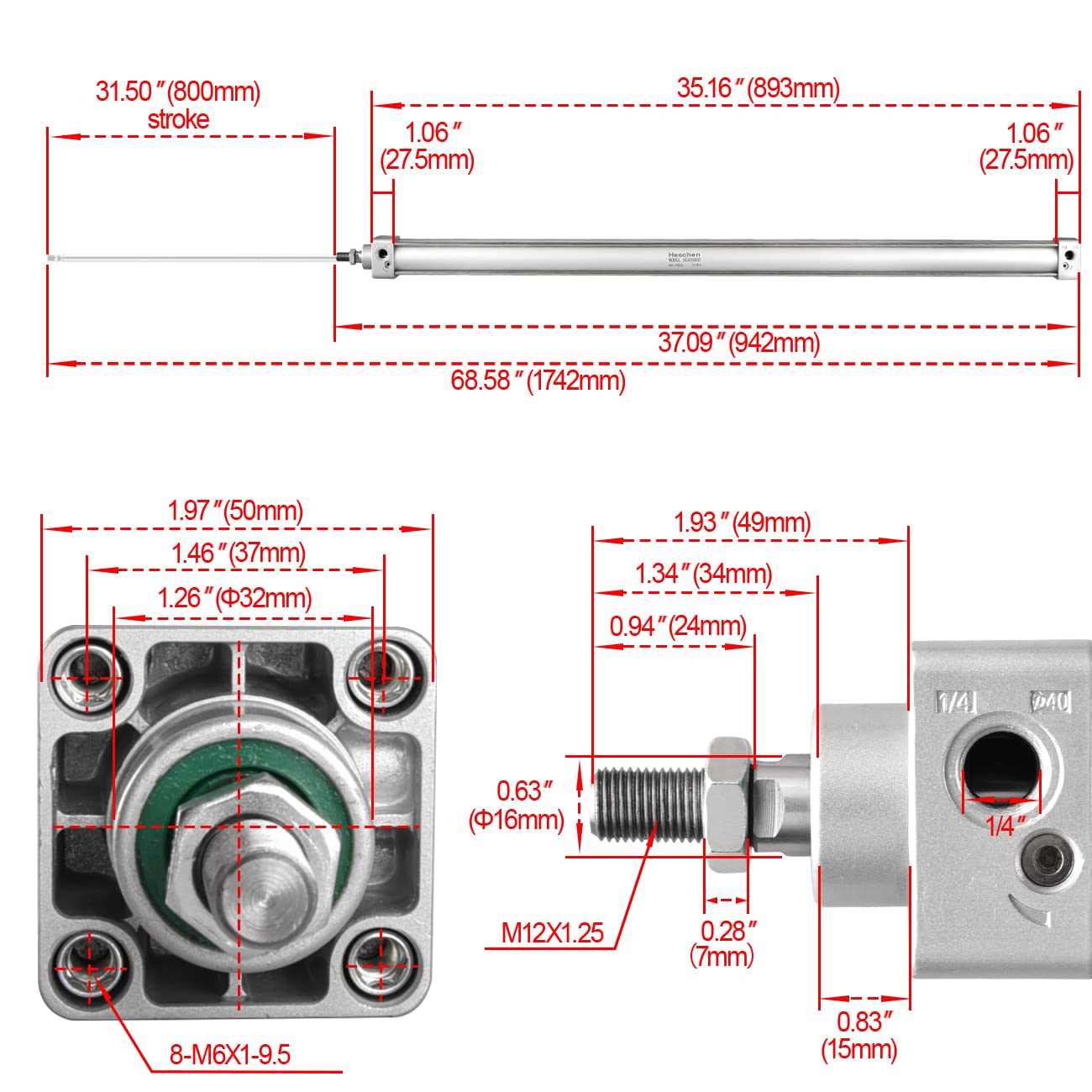Heschen Tie-Rod Pneumatic Air Cylinder, SC 40-800, 40mm Bore, 800mm Stroke, PT 1/4 Port, Double Acting, Adjustable Cushion, Self-Lubricating Actuator for Industrial & Woodworking