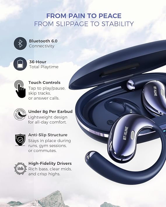 Open Ear Bluetooth Headphones, Ear Hook Headphones, Wireless Ear Buds with Earhooks, Touch Control Earphones Sport Headsets for Running, Hiking & Outdoors