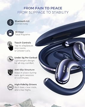 Open Ear Bluetooth Headphones, Ear Hook Headphones, Wireless Ear Buds with Earhooks, Touch Control Earphones Sport Headsets for Running, Hiking & Outdoors