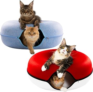 Cattasaurus Duo Jumbo Peekaboo Cat Caves 3 in 1 Cat Tunnel Bed Scratcher for Multiple and Large Cats 15+ lbs Blue & Ruby Snowball