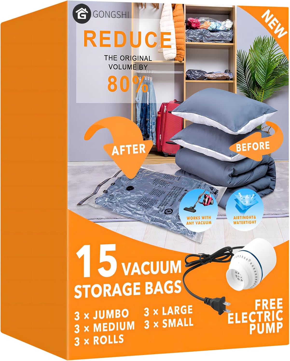 15 Pack Vacuum Storage Bags with Electric Pump (3 Jumbo, 3 Large, 3 Medium, 3 Small, 3 Roll Up), Plastic Packaging Bags,Space Saver Sealer Bag for Blankets, Comforters, Pillows, Clothes Storage 15 Combo-EPUMP