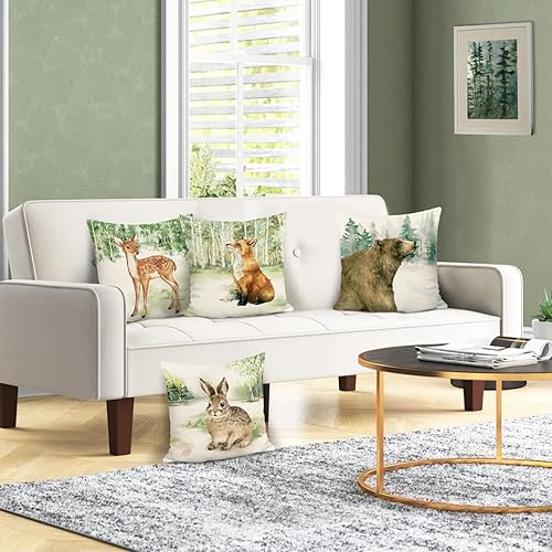 Miniatura 3 de Bonhause Juego de 4 fundas de almohada de animales del bosque de 18 x 18 pulgadas, diseño de ciervo, zorro, conejo, oso, fundas decorativas de