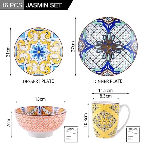 Miniatura 2 de Unknown1 Juego de vajilla de porcelana bohemia (servicio para 4), multicolor, floral, bohemio, moderno, contemporáneo, redondo, de gres de 16