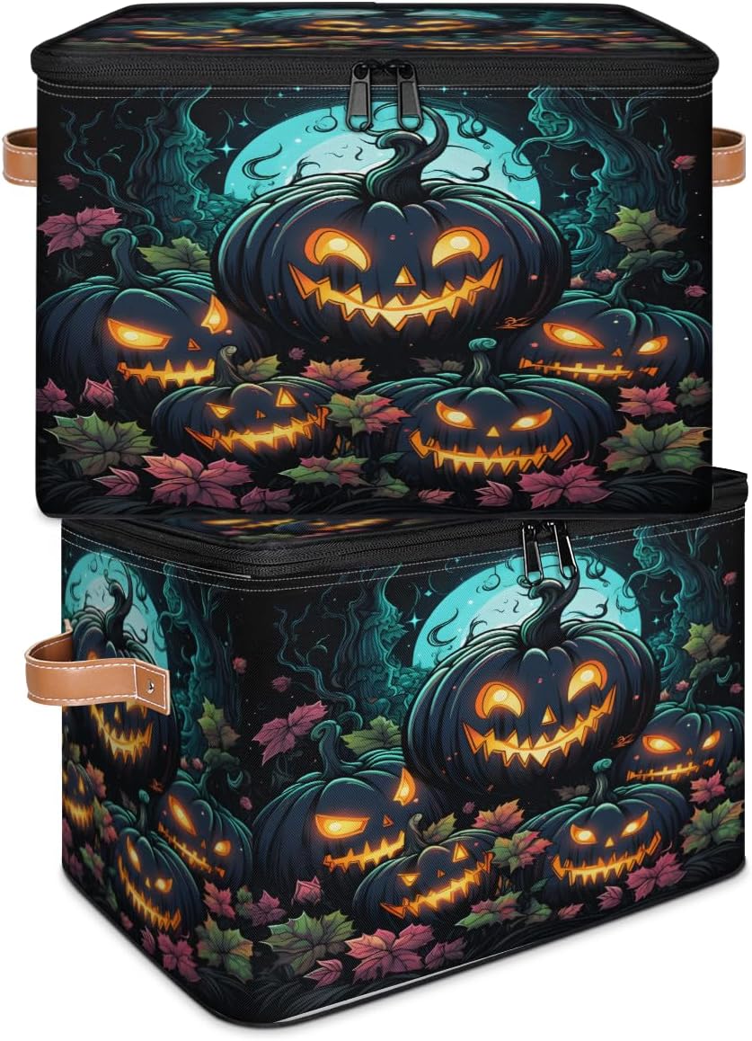 Storage Bin Set of 2 Halloween Pumpkin Flower Storage Basket with Zipper Lid & Handle Foldable Closet Shelf 2 Pack Cloth Organizer Basket Cube Bins Clothes Organizer for Bedroom, Nursery