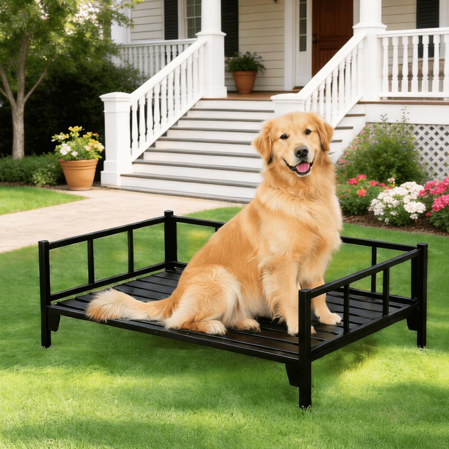 Raised Dog Bed with Waterproof Steel Frame - Washable Cushion Mat, Elevated Pet Cot for Large Size Dog, Breathable, Durable, No-Slip Feet, for Indoor & Outdoor, Black